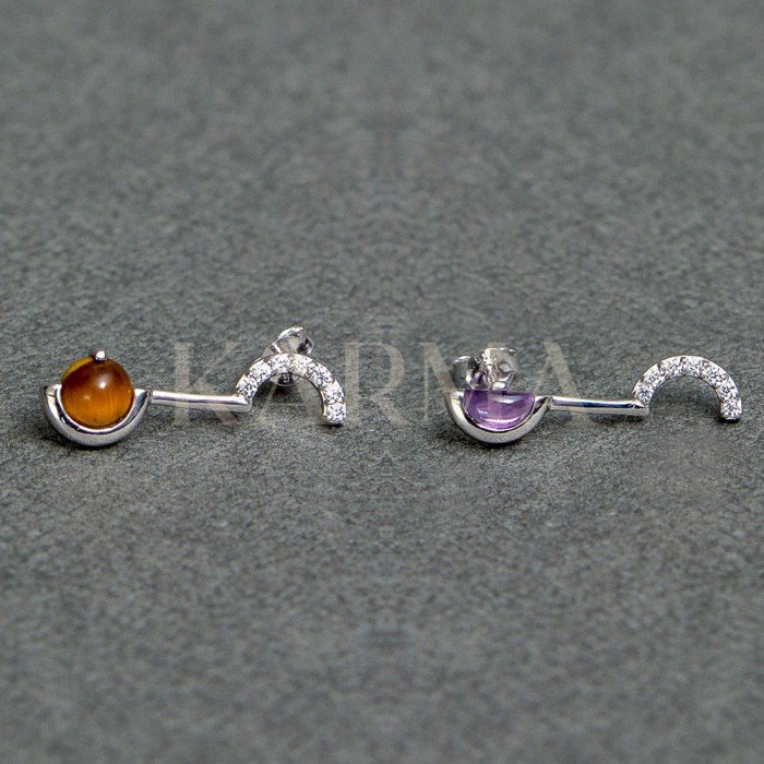 Sterling Silver Rhodium Plated Earring With Tiger eye and Amethyst